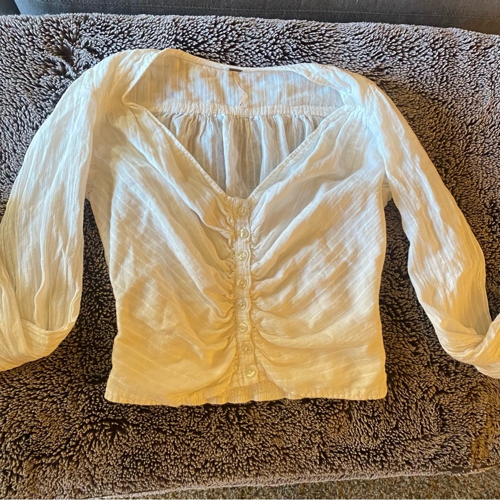 White Linen Smocked Free People button down Long sleeve Crop Top / Blouse XS